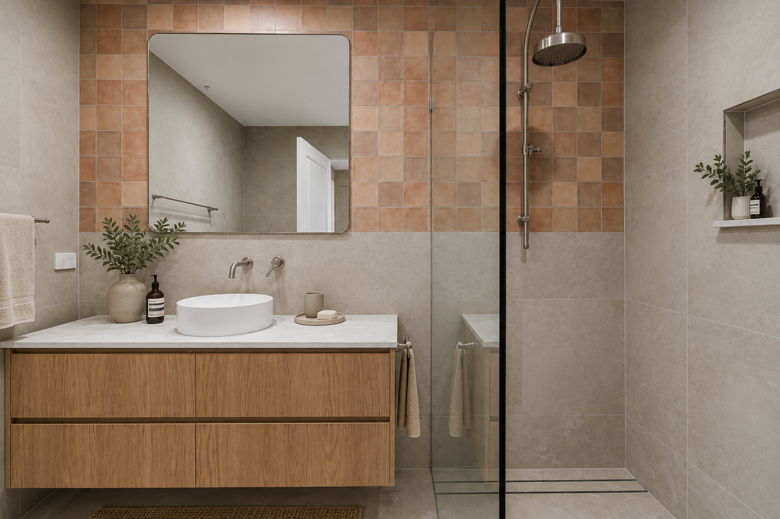 The Violet bathroom with warm tile detailing